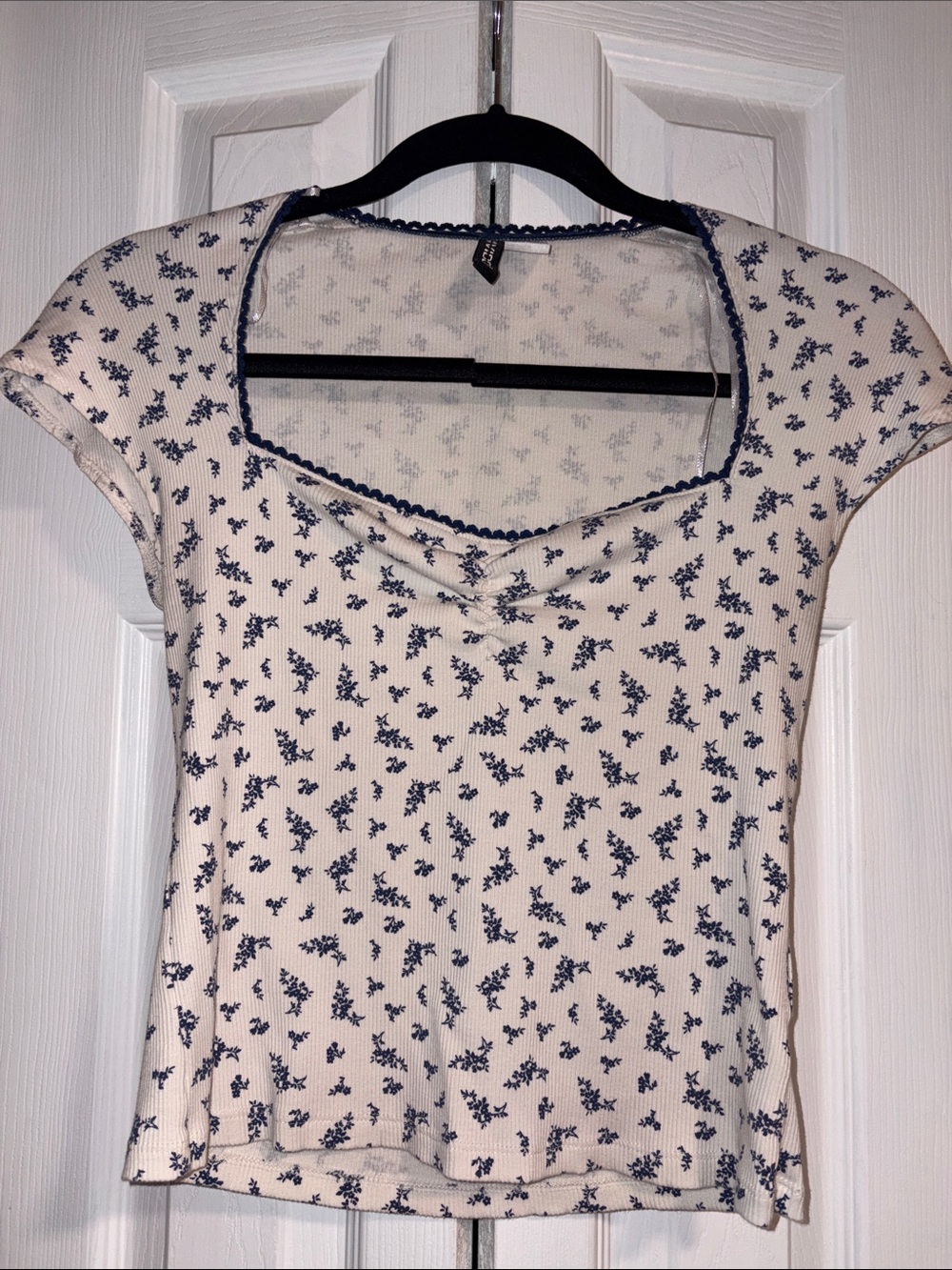 Divided Cream Crop Top with Navy Floral Print